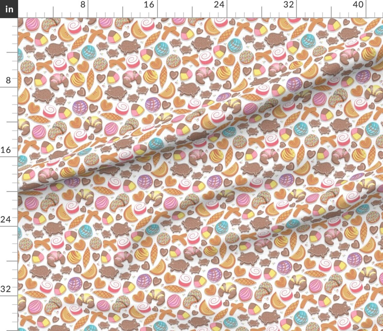 Mexican Sweet Bakery Small Scale White Background Pastel Colors Kawaii Shells Food Mexico Pink Cookies Custom Printed Fabric by Spoonflower Various Fabrics by the Yard or Fat Quarter